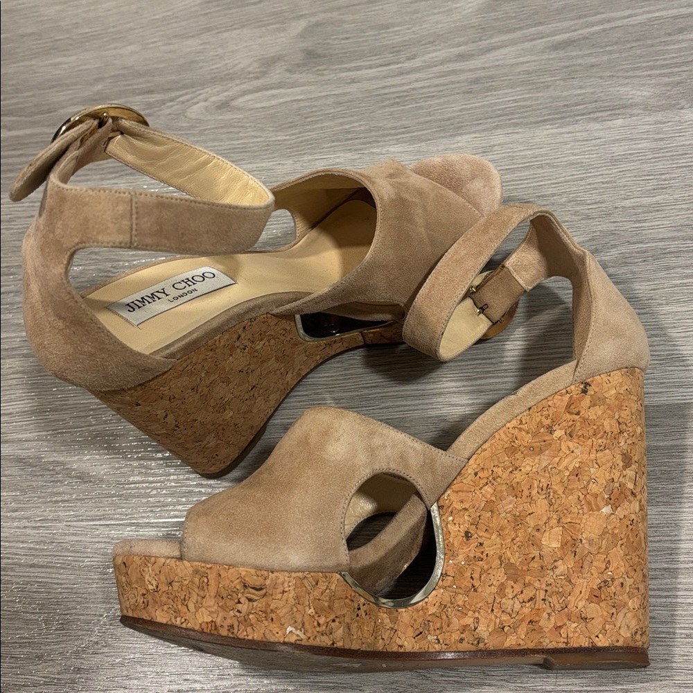 Jimmy Choo Cream Suede Cork Platform Ankle Strap Women's Shoes size 40